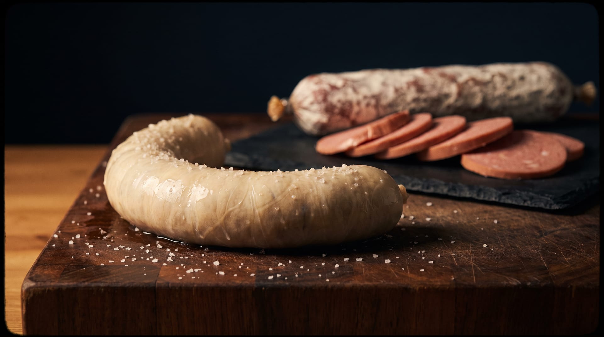 Salted beef rounds in a bundle under warm side light, a ring of bologna out of focus behind them