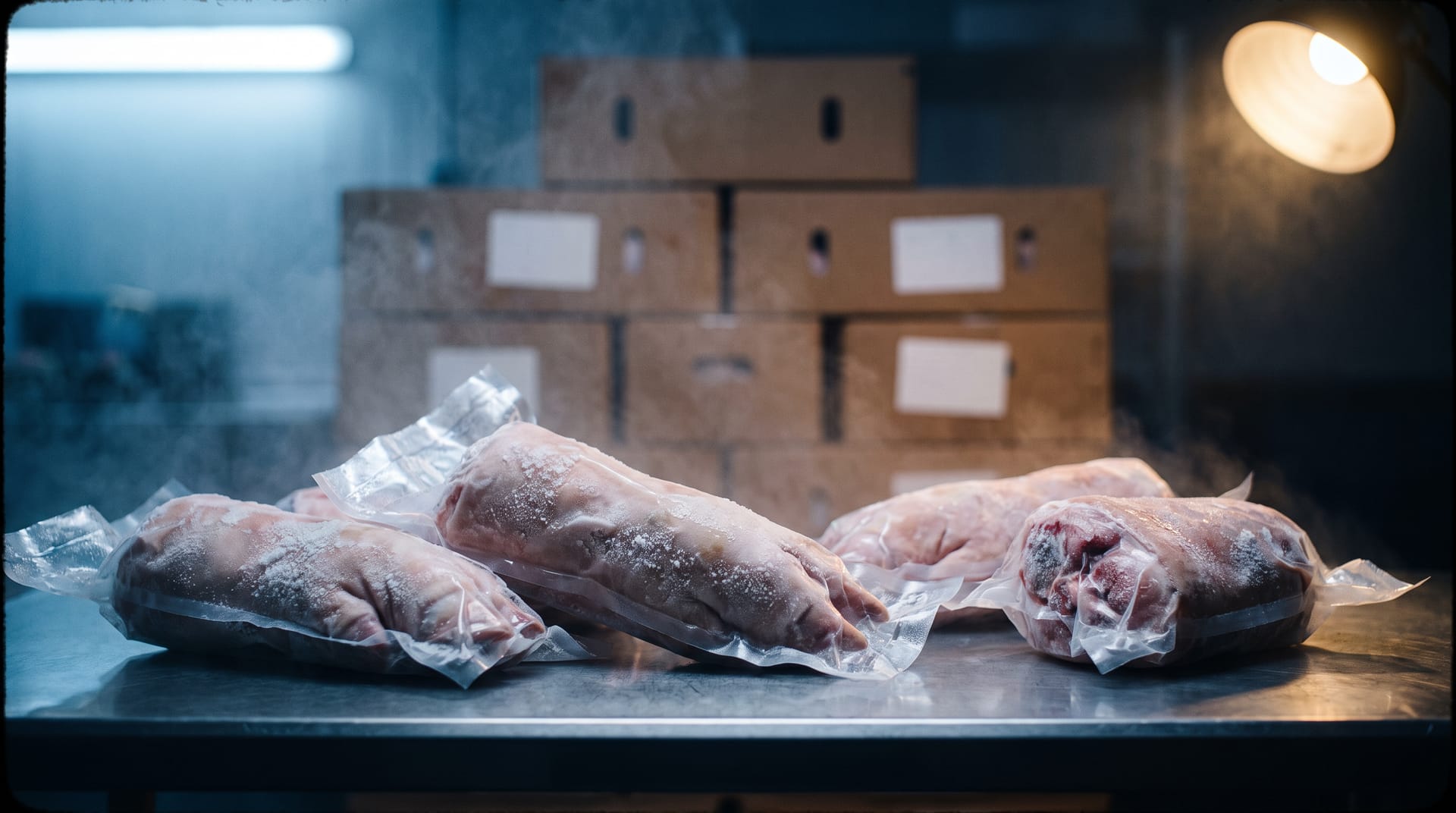 Vacuum-packed beef striploin and shank in export cartons under cool warehouse light