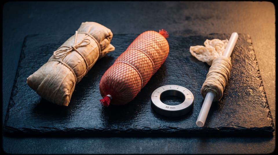 Three natural casing make-ups side by side: salted bundle, netted bundle and soft tube, with a 32 mm calibre gauge