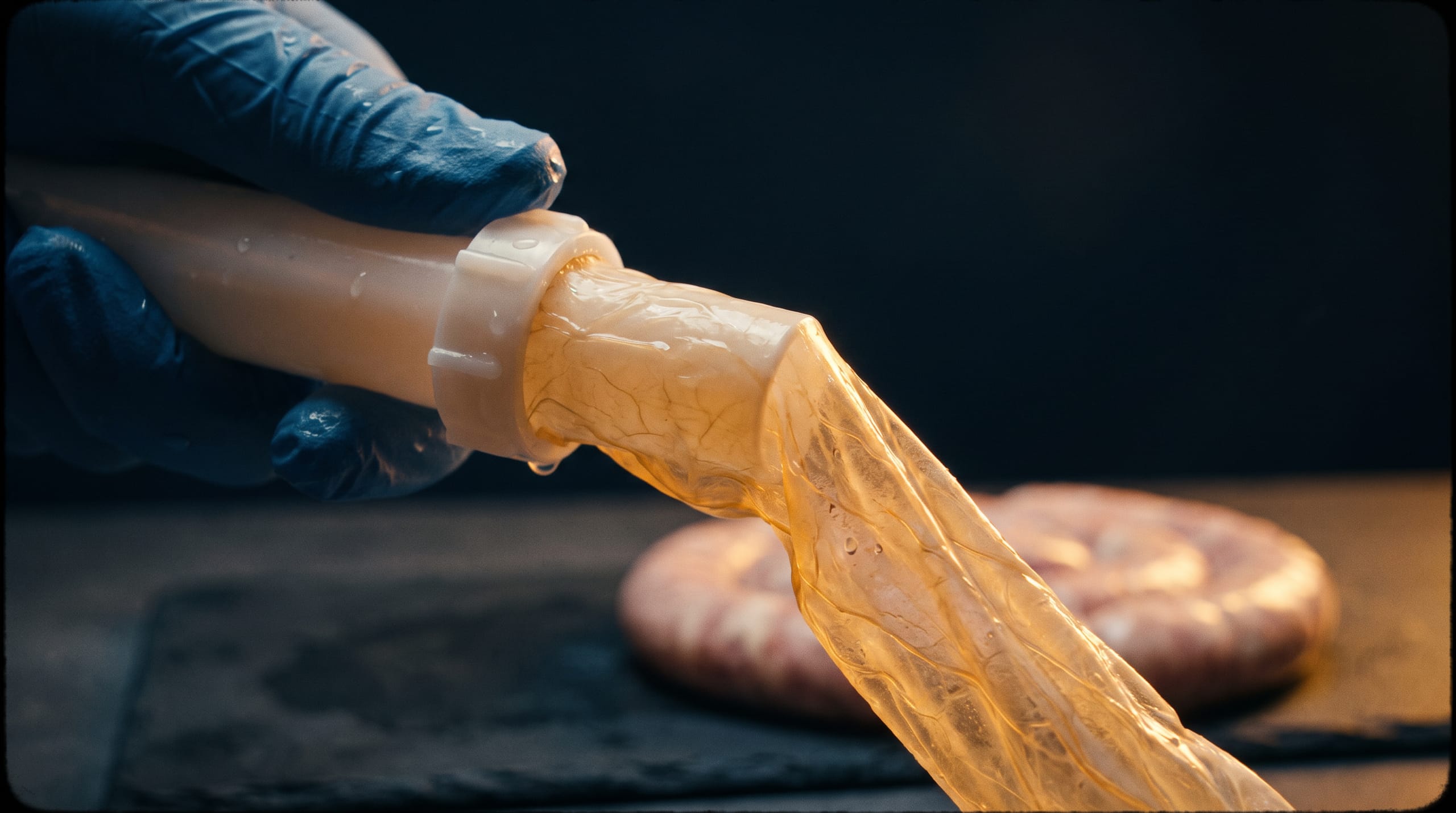 Translucent natural hog casing on a soft tube in warm side light, fresh sausage out of focus behind it