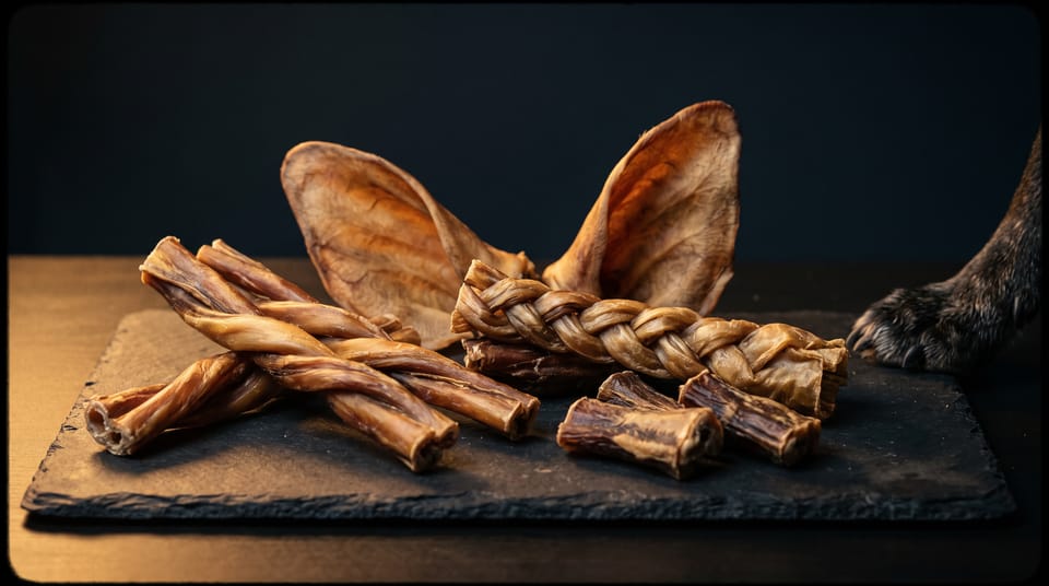 Dried beef pet treats on slate: bully sticks, ears and a braided trachea, a dog paw at the edge