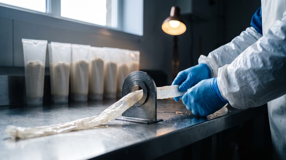 Gloved hands measuring a hog casing against a stainless steel calibre gauge in the selection facility