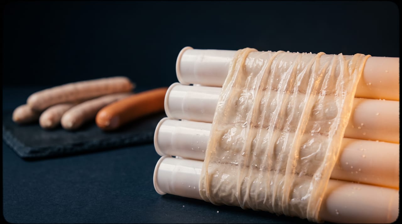 Thin natural sheep casing shirred on white soft tubes, breakfast sausages and a hot dog in the background