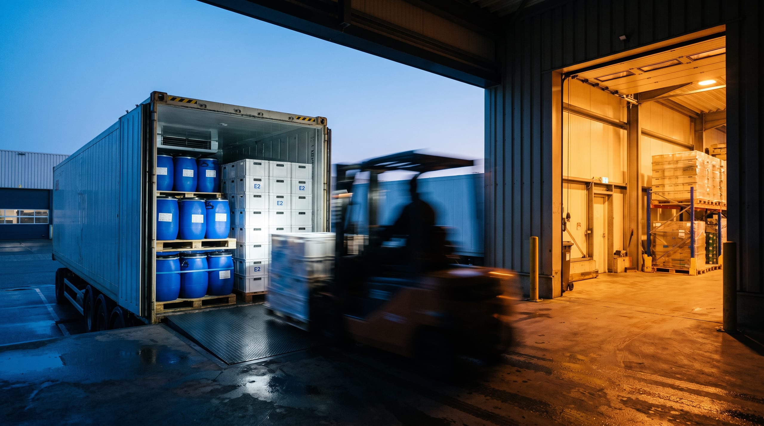 Refrigerated container at the Zeewolde loading dock at dusk, barrels and E2 crates on pallets