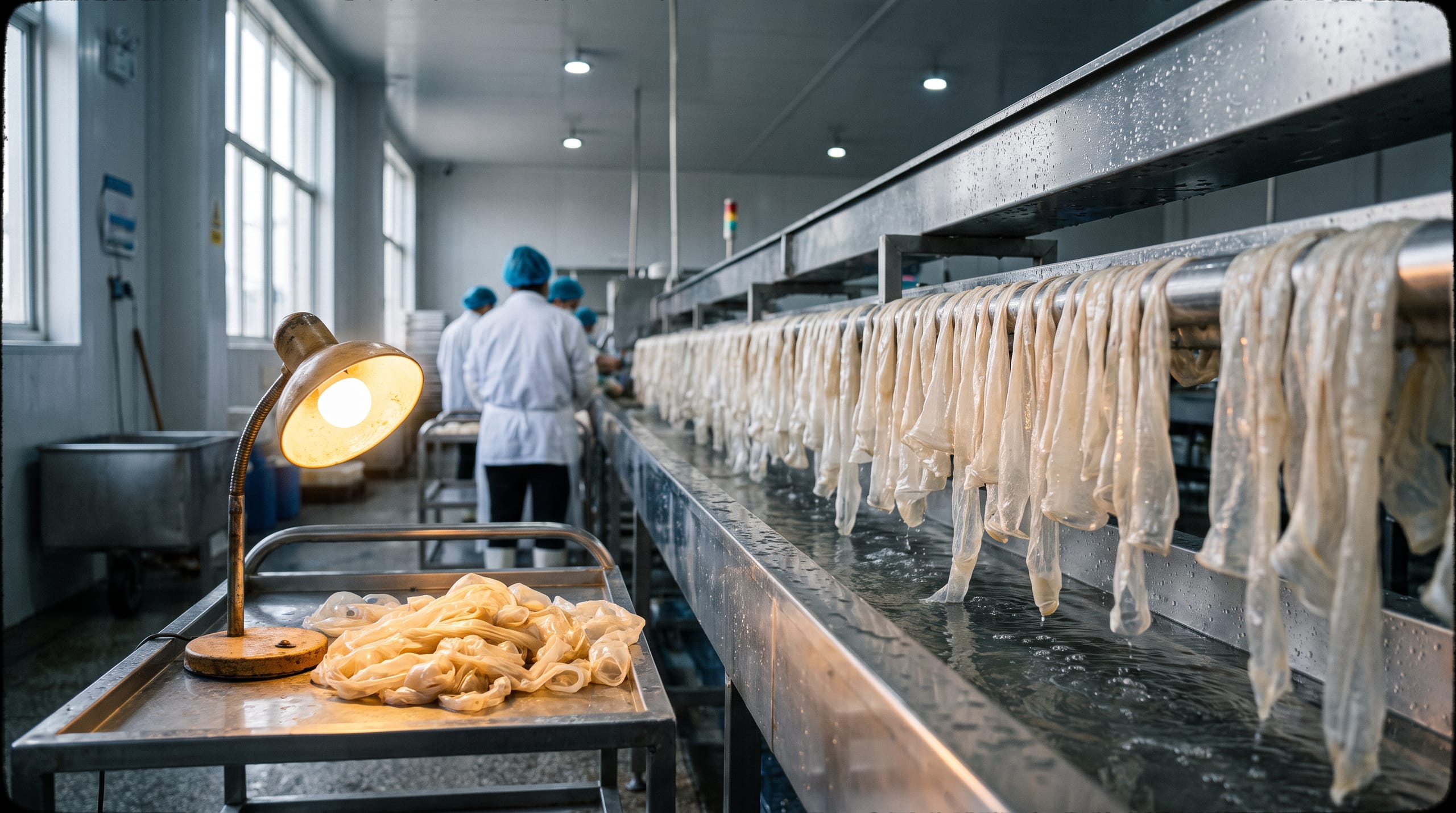 Long natural hog casing ends draped over the stainless steel selection line in Shaoshan